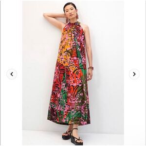 Roopa Pemmaraju Maxi Dress Small Multicolor Floral Beaded Halter Cotton Colorful